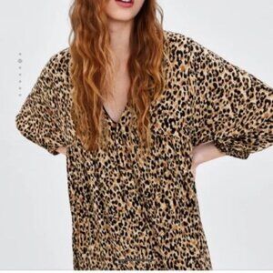 ZARA TRF | Leopard Print Babydoll Empire Waist 3/4 Sleeve Lined Mini Dress XS